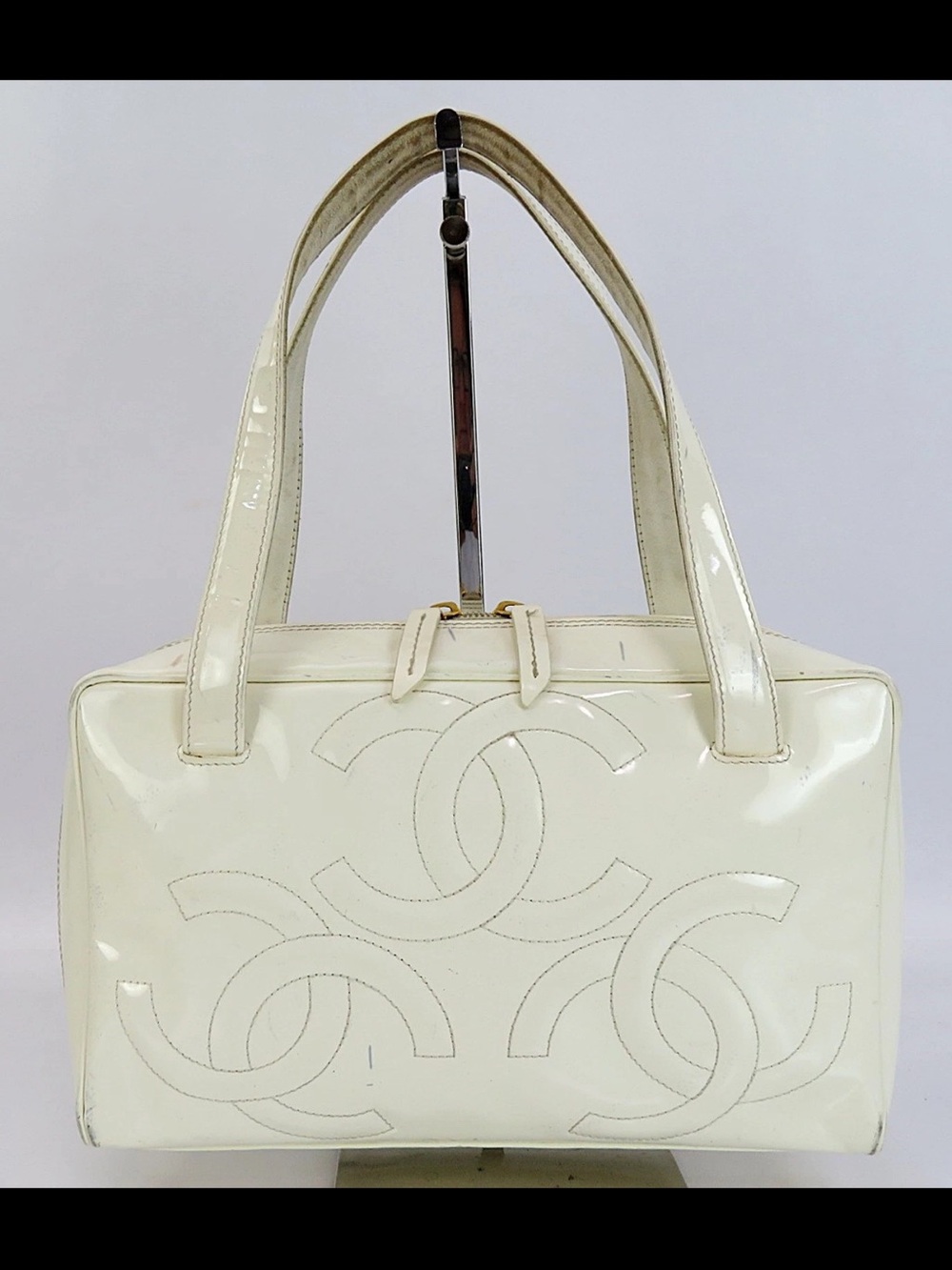 CHANEL Cream Patent Leather Double C Stitch Tote